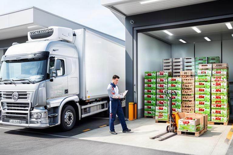 Camión refrigerado preparado para distribuir alimentos frescos junto a un muelle de carga